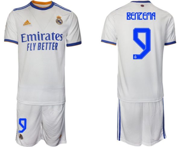 Real Madrid Heimtrikot 2022 weiß blau mit Aufdruck Benzema 9-1