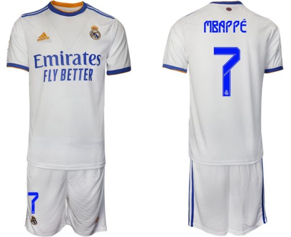 Real Madrid Heimtrikot 2022 weiß blau mit Aufdruck Mbappé 7-1