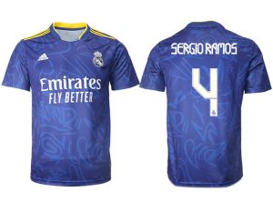 Real Madrid Herren Auswärtstrikot 2022 blau/weiß mit Aufdruck Sergio Ramos 4