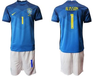 Fussball Trikotsatz Brasilien 2020/21 Auswärtstrikot Kurzarm Blau mit Aufdruck Alisson 1