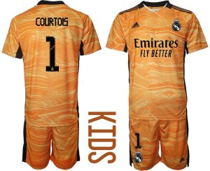 Kinder Real Madrid Torwart Trikot Set in orange mit Aufdruck Courtois 1