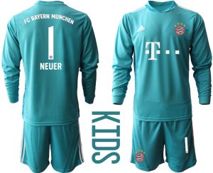 Bayern Munich Torwart Kindertrikot für draußen Blau Trikotsatz Langarm + Kurze Hosen NEUER #1