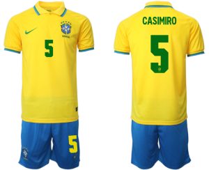 Brasilien 2022 WM Heimtrikots Gelb Trikotsatz Kurzarm + Kurze Hosen CASIMIRO 5