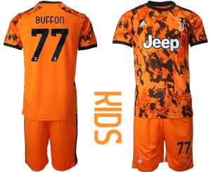 Günstige Fussballtrikot Juventus Turin 20-21 Ausweichtrikot Orange Schwarz Kinder Trikotsatz BUFFON #77