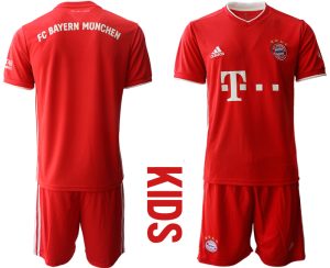 Kinder Bayern München 2020-2021 Torwart-Auswärtstrikot Kurzarm Trikotsatz Rot
