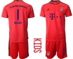 Kinder Bayern München 2020-2021 Torwart-Auswärtstrikot Rot Kurzarm Trikotsatz NEUER 1