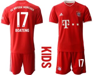 Rot Bayern München 2020-2021 Torwart-Auswärtstrikot Kurzarm Kinder Trikotsatz BOATENG 17