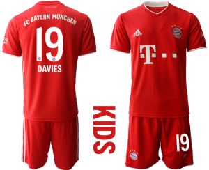 Rot Bayern München 2020-2021 Torwart-Auswärtstrikot Kurzarm Kinder Trikotsatz DAVIES 19
