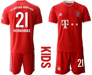 Rot Bayern München 2020-2021 Torwart-Auswärtstrikot Kurzarm Kinder Trikotsatz HERNÁNDEZ 21