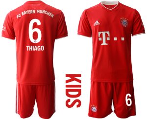 Rot Bayern München 2020-2021 Torwart-Auswärtstrikot Kurzarm Kinder Trikotsatz THIAGO 6