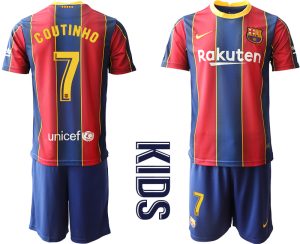 COUTINHO 7 FC Barcelona Kinderheim Trikot 2020/21 Trikotsatz Kurzarm Rot Blau Billige Fussballtrikots