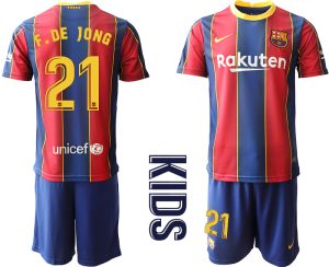 F.DE JONG 21 FC Barcelona Kinderheim Trikot 2020/21 Trikotsatz Kurzarm Rot Blau Billige Fussballtrikots