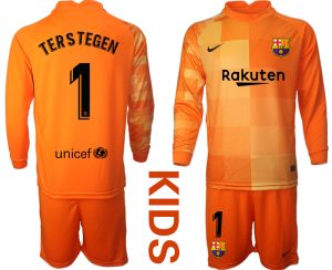 Kinder FC Barcelona 2021/22 Torwarttrikot Orange Langarm Neues Trikotsatz TER STEGEN #1