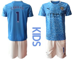Kinder Manchester City Heimtrikot 2020-2021 Trikotsatz blau Kurzarm + weiß Kurze Hosen C.BRAVO #1