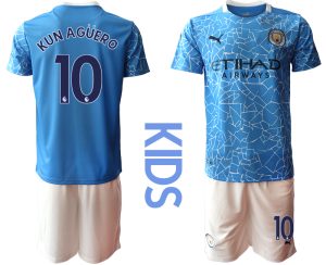Kinder Manchester City Heimtrikot 2020-2021 Trikotsatz blau Kurzarm + weiß Kurze Hosen KUN AGÜERO #10