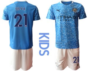 Kinder Manchester City Heimtrikot 2020-2021 Trikotsatz blau Kurzarm + weiß Kurze Hosen SILVA #21