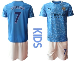 Kinder Manchester City Heimtrikot 2020-2021 Trikotsatz blau Kurzarm + weiß Kurze Hosen STERLING #7
