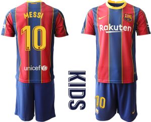 MESSI 10 FC Barcelona Kinderheim Trikot 2020/21 Trikotsatz Kurzarm Rot Blau Billige Fussballtrikots