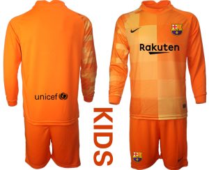 Neues FC Barcelona 2021/22 Torwarttrikot Orange Langarm Trikotsatz für Kinder