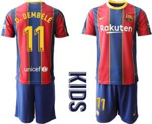 O.DEMBÉLÉ 11 FC Barcelona Kinderheim Trikot 2020/21 Trikotsatz Kurzarm Rot Blau Billige Fussballtrikots