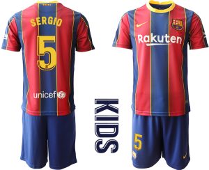 SERGIO 5 FC Barcelona Kinderheim Trikot 2020/21 Trikotsatz Kurzarm Rot Blau Billige Fussballtrikots
