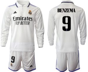 BENZEMA 9 Real Madrid Trikots 2022-23 Heimtrikot Weiß Langarm + Kurze Hosen