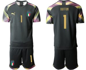 Herren Italien 2020-21 Torwarttrikot Schwarz Fußballtrikots Set BUFFON 1