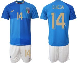 Herren Italien Heimtrikot EM 2022-2023 blau weiß Trikotsatz Kurzarm + Kurze Hosen CHIESA 14