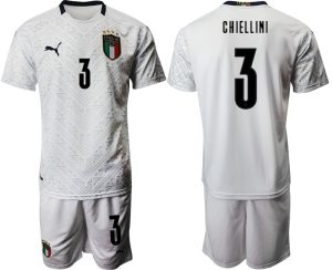 Italien EM 2020 Auswärtstrikot weiß Fussballtrikots Kurzarm + Kurze Hosen CHIELLINI 3