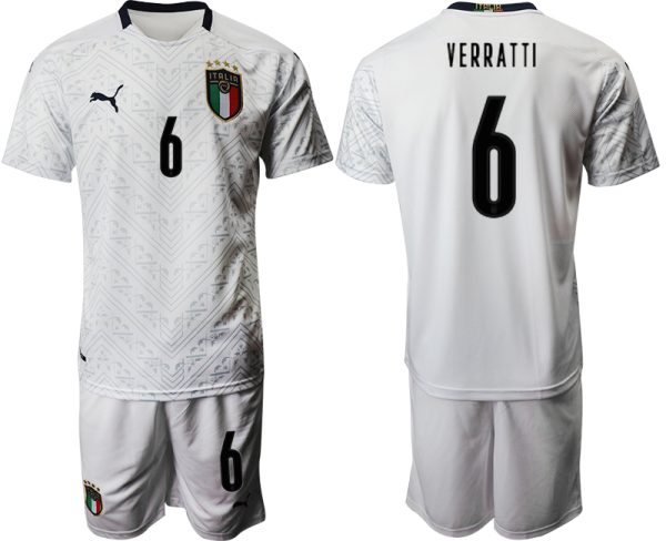 Italien EM 2020 Auswärtstrikot weiß Fussballtrikots Kurzarm + Kurze Hosen VERRATTI 6