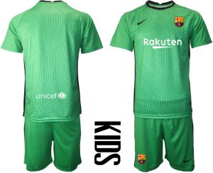 Kinder FC Barcelona 2020-2021 Goalkeeper Grün Fußballtrikots Kurzarm + Kurze Hosen