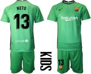 Kinder FC Barcelona 2020-2021 Goalkeeper Grün Fußballtrikots Kurzarm + Kurze Hosen NETO 13
