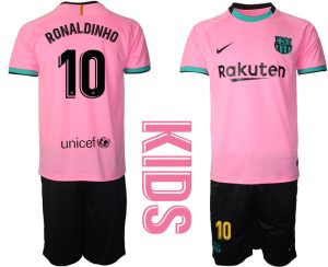 RONALDINHO 10 FC Barcelona 2020-2021 Ausweichtrikot Set rosa Kurzarm + schwarz Kurze Hosen