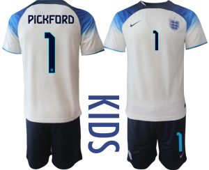 Kinder Heimtrikot England 2022 World Cup weiß blau Kurzarm + Kurze Hosen PICKFORD 1