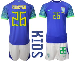 Kindertrikot Brasilien WM 2022 Auswärtstrikot blaue weiß fußballtrikots kaufen RODRYGO 26