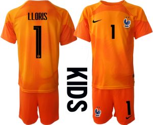 Frankreich Fußball WM 2022 Kinder Torwarttrikot orange mit Namen LLORIS 1