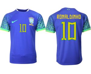 Herren Brasilien FIFA WM Katar 2022 Auswärtstrikot blau Kurzarm mit Aufdruck RONALDINHO 10