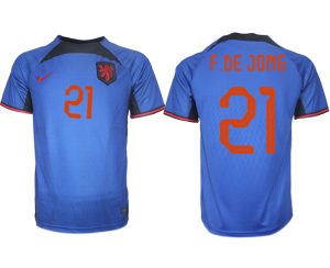 Herren Niederlande Auswärtstrikot blau Fußball WM 2022 Kurzarm Fussballtrikots Sale F.DE JONG 21