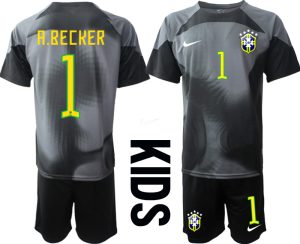Kinder Brasilien 2022/23 Torwarttrikot schwarz Trikotsatz Kurzarm + Kurze Hosen mit Namen A.BECKER 1
