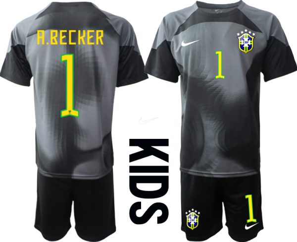 Kinder Brasilien 2022/23 Torwarttrikot schwarz Trikotsatz Kurzarm + Kurze Hosen mit Namen A.BECKER 1